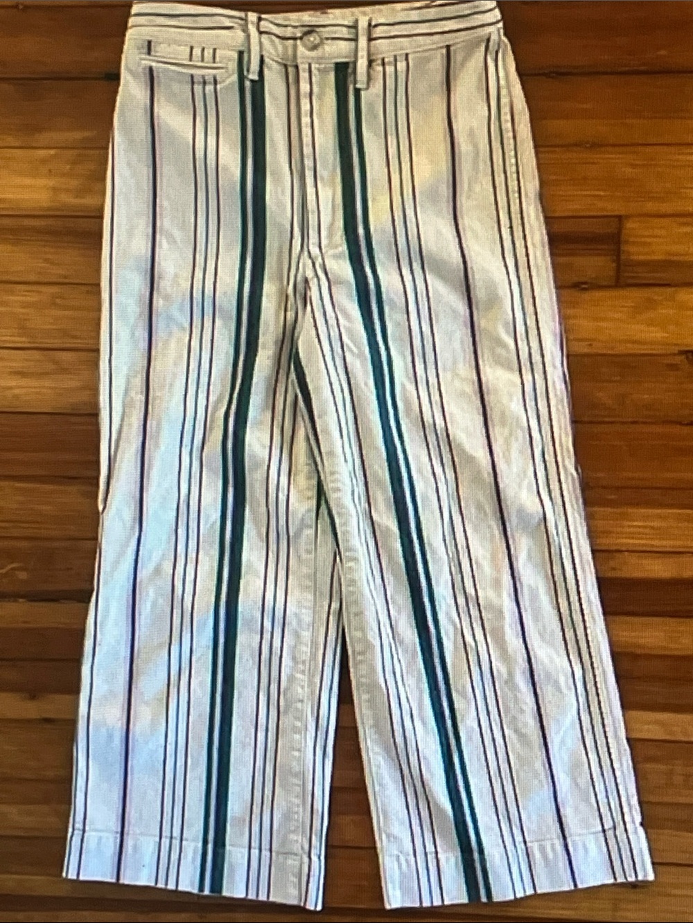 Madewell White Wide-Leg Pants with Green & Black Vertical Stripes